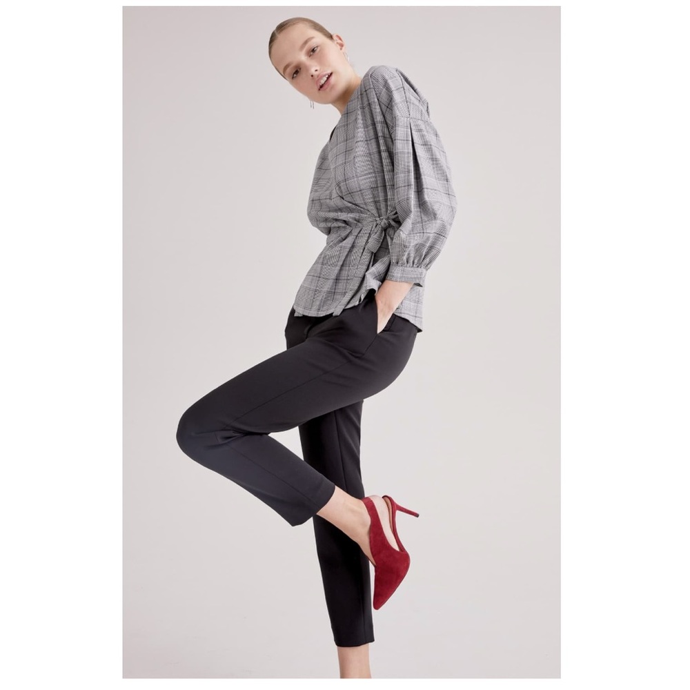Halogen grey plaid ballon sleeve wrap shirt